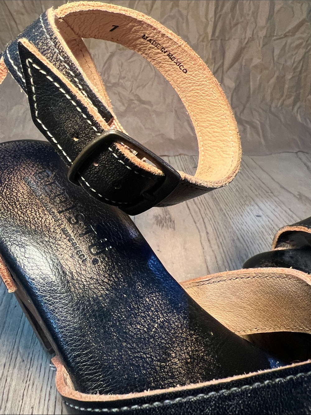 Bed Stu Black Leather Platform Sandals with Wood Block Heel Ankle Strap Size 7 - Picture 6 of 9